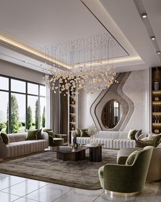 an elegant living room with chandelier and sofas