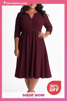 knowfashionstyle Claret Formal V Neck 3/4 Sleeve Office Lady Boot Cut Pleated Midi Dress Burgundy Midi Dress, Formal Wear Women, Denim Jacket With Dress, Maxi Dress Wedding, Lace Dress Long, Straight Dress, Professional Dresses, Pleated Midi Dress, Long Sleeve Lace Dress