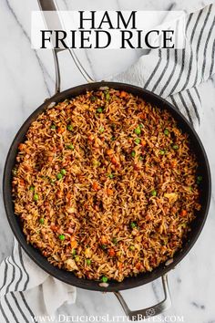 Ham Fried Rice is an easy recipe to make with leftover holiday ham, but also just as simple to make from scratch. It's prepared with rice, vegetables and juicy pieces of ham, as well as sesame and soy seasonings. This is a quick, family friendly dinner you are sure to love.