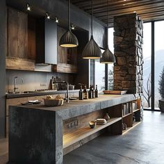 a large kitchen with wooden cabinets and stone counter tops, along with two hanging lights over the island