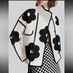 Contrast Color Flower Print Split-Joint Long Sleeves Loose Stand Collar Jacket Trendy White Floral Print Outerwear, Retro Floral Print Winter Outerwear, White Floral Print Winter Outerwear, Soft Blazer, Diy Slippers, Denim Inspiration, Stand Collar Jackets, Coat White, Loose Coats