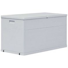 a white storage box with wheels on the front and bottom, sitting against a white background