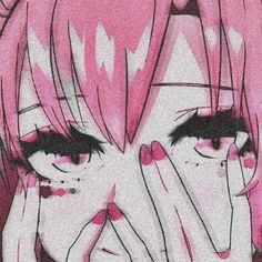 a woman with pink hair covering her face and hands over her mouth, while looking at the camera