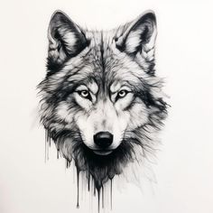 a black and white drawing of a wolf's face