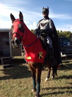 a man dressed as batman riding on the back of a brown horse in a field