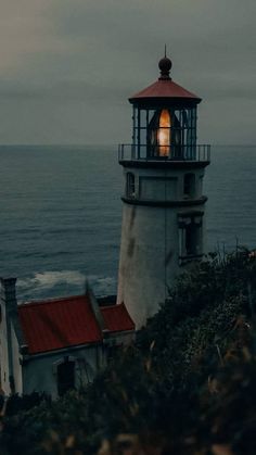 a light house sitting on top of a lush green hillside next to the ocean at night