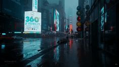 an empty city street at night with traffic lights and billboards on the buildings in the rain