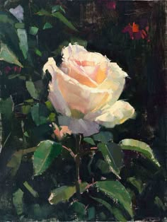 a painting of a white rose with green leaves