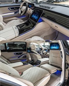 the interior of a car is shown in two different angles, with blue lights on