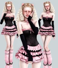 three different poses of a woman in pink and black clothing with long blonde hair wearing high heeled boots