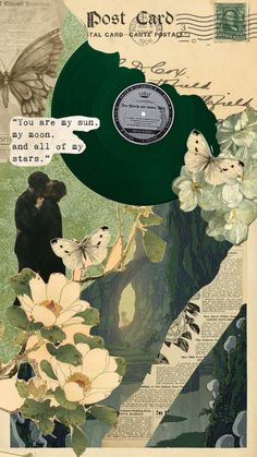 an altered collage with flowers, butterflies and a vinyl record on it's side