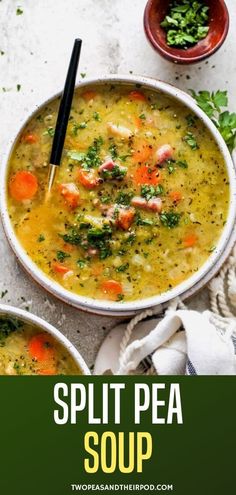 split pea soup with carrots and parsley in two bowls