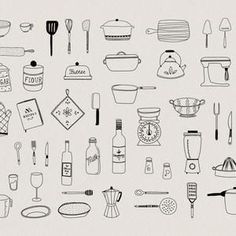 a collection of kitchen utensils drawn in black and white