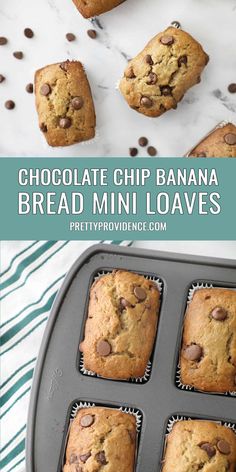 chocolate chip banana bread mini loaves in a muffin tin with text overlay