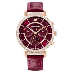 Passage Chrono watch, Leather strap, Red, Rose-gold tone PVD | Swarovski.com Chrono Watches, Red Cases, Romantic Design, Crocodile Leather, Skagen, Swiss Made, Chronograph Watch, Wellington, Watch Strap