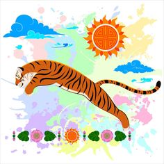 a tiger is jumping in the air with an orange sun above it and some clouds