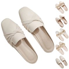 Product Description Women's Slippers Slip On Mules Lady Comfort Indoor Outdoor Closed Toe Slides Product Details   Description: Gender: Women, Woman, Ladies, Lady, Female Style: Mules, Flats, Slide Sandals, Slides, Summer Slippers Pattern Type: Solid Color: Apricot Size: US 4.5, US 5, US 5.5, US 6.5, US 7, US 7.5, US 8, US 9, US 10 (Follow the size chart to select please) Upper Material: Faux PU, Faux Suede Outsole Material: Rubber Heel Type: Flat Fastening: Slip On Toe Type: Closed Toe Tube Height: Backless Season: Spring, Summer, Fall, Winter Occasions: Casual, Daily, Indoor, Outdoor, Holiday, Beach Features: 1. Unique design - Ladies mules has knot design looks fashionable, the shoes upper material very scratch-resistant and breathable. keep your feet fresh all day. 2. Non-slip - Mules Closed Shoes, Woman Loafers, Sandal Kulit, Comfortable Walking Sandals, Basic Heels, Vintage Autumn, Women Slides, Closed Toe Sandals, Fashion Slippers