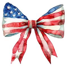 an american flag bow with stars and stripes painted on the side, in watercolor