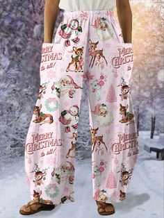 Vintage Pink Christmas, Polyester Pants, Christmas Print, Sport Dress, Pantalon Large, Dark Fashion, Christmas Pajamas, Christmas Prints, Casual Party