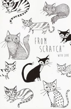 black and white drawing of cats with caption from scratcha with love written below