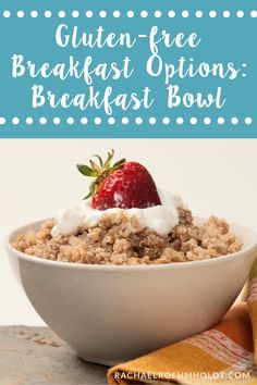 a bowl filled with oatmeal and topped with a strawberry