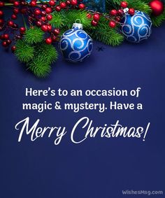 merry christmas greeting card with ornaments and baubles on dark blue backgrounnd