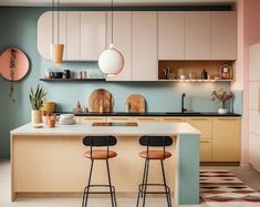 two stools are in front of the kitchen island