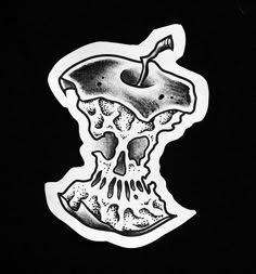 a black and white sticker with a pizza slice in the shape of a skull