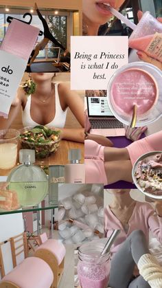 a collage of photos with pink and white items on them, including a woman's face