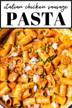 pasta with peas and chicken sauce in a skillet