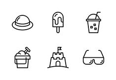 black and white line art icon set of beach related items, such as ice cream, sandcastle, sunbath, hat, sunglasses