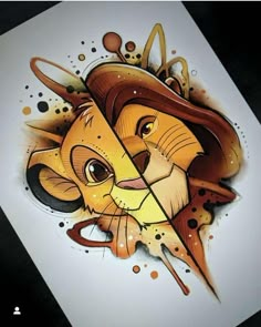 a drawing of a lion with an orange hat on it's head and eyes