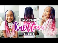 Knotless Box Braids Pink And Black, Knotless Box Braids For Kids, Kids Knotless Box Braids With Beads, Kids Braids With Color Hair, Knotless Box Braids Kids, Purple And Pink Braids, Kids Box Braids With Color, Pink And Purple Braids, Knotless Braids For Kids