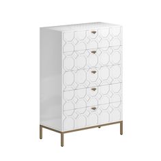 a white cabinet with two drawers and gold handles on the bottom, in front of a white background