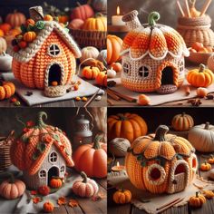 crocheted pumpkins and other decorations on display