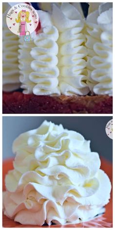 two pictures showing different layers of cake with white frosting on top and the bottom