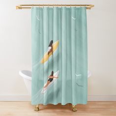 two people on surfboards in the water shower curtain