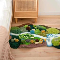 a bedroom with a rug made to look like a river