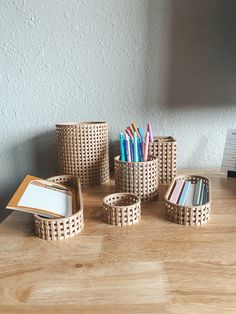 Six-piece modern boho desk organization set!  What is included: Large Cylinder  Medium Cylinder Small Cylinder Large Oval Small Oval Triplex organizer Boho Office Desk Accessories, Beige Desk Accessories, Organization For Desk, Minimalist Desk Organization, Boho Cubicle, Organisers Desk, Small Desk Orginizer, Study Desk Organization, Bamboo Desk Organizer