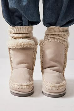 MOU Creston Boots | Free People Cozy Cold Weather Boots With Round Toe, Cozy Round Toe Boots For Cold Weather, Beige Sheepskin Boots For Winter, Beige Sheepskin Winter Boots, Beige Shearling Boots For Fall, Fluffy Winter Boots, Mou Shoes, Boots And Socks, Snow Fits