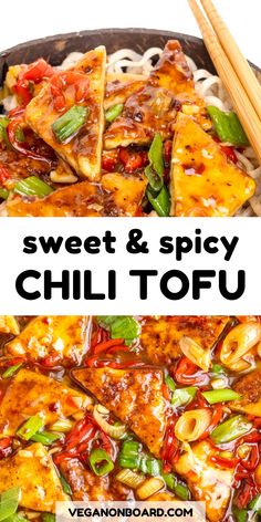 sweet and spicy chilli tofu with chopsticks on the side in a skillet