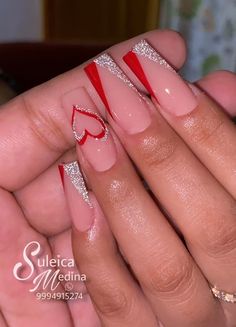 Valentine Nails Designs Simple, Simple Valentines Acrylic Nails, French Tip Nails With Design Valentines, Red And Silver Valentine Nails, Valentines Nail Inspiration, Simple Valentine Nails Designs, Gel X Nail Designs Valentines, Short Simple Valentines Nails, Short Square Valentines Nails Red