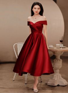 Wine Red Satin Tea Length Bridesmaid Dress Party Dress, Burgundy Satin – BeautyDressy Red Short Prom Dresses, Tea Length Bridesmaid Dress, Wine Red Prom Dress, Vestidos Color Vino, Tea Length Prom Dress, Short Red Prom Dresses, Tea Length Bridesmaid Dresses, Off Shoulder Evening Dress, Dama Dresses