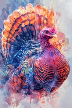 a painting of a colorful turkey on a white background