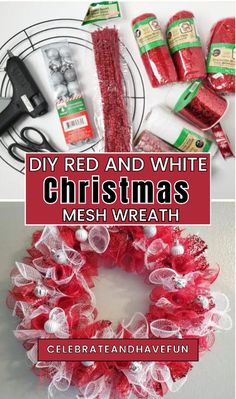 christmas wreath made from mesh and ribbon with the words diy red and white christmas mesh wreath