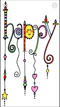 the word joy is made up of colorful beads and hearts, hanging from a string