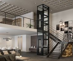 a living room filled with furniture next to a fire hydrant and staircase leading up to the second floor