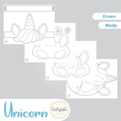 three unicorn masks with different designs on them