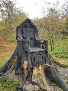 an old chair carved into a tree stump