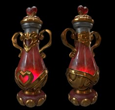 two red vases with gold designs on them, one has a heart in the middle